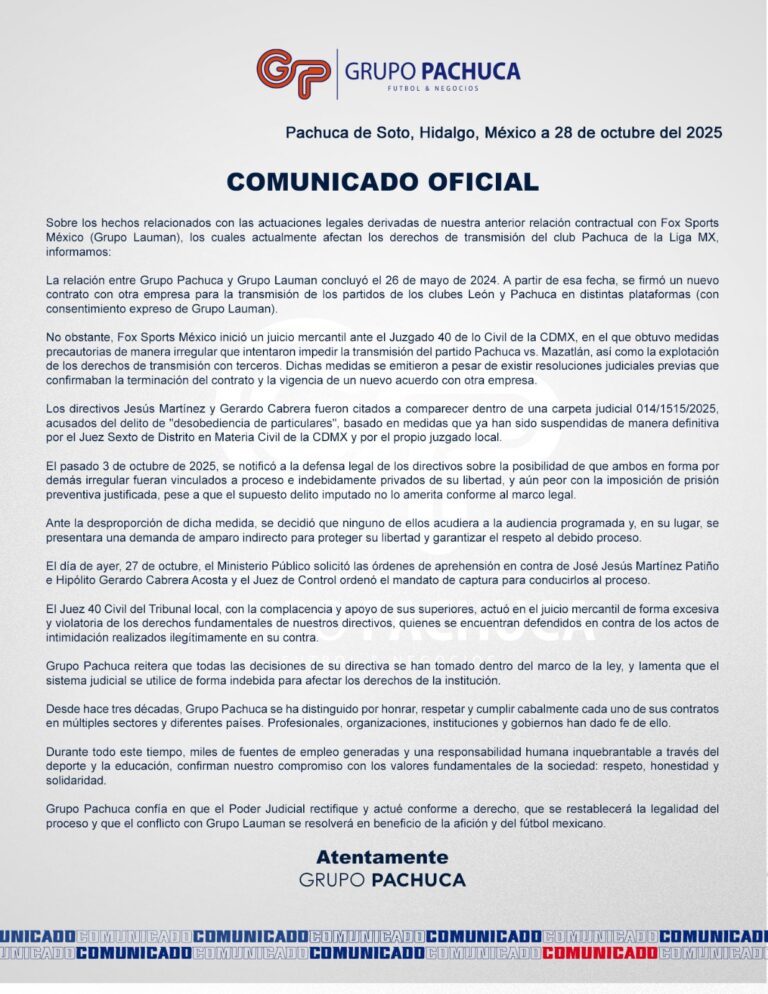 Grupo Pachuca denuncia irregularidades legales tras conflicto con Fox Sports México
