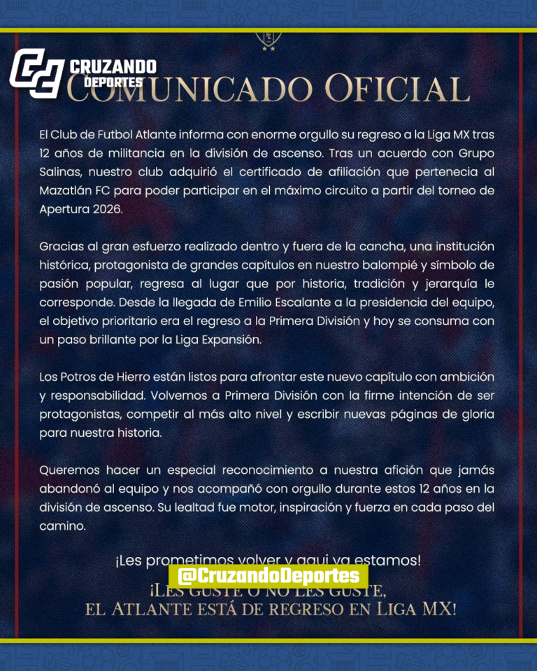 OFICIAL: Atlante jugará en la Liga MX tras comprar el certificado de Mazatlán FC