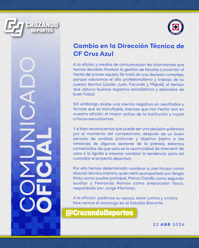 Cruz Azul cesa a Nicolás Larcamón y nombra técnico interino